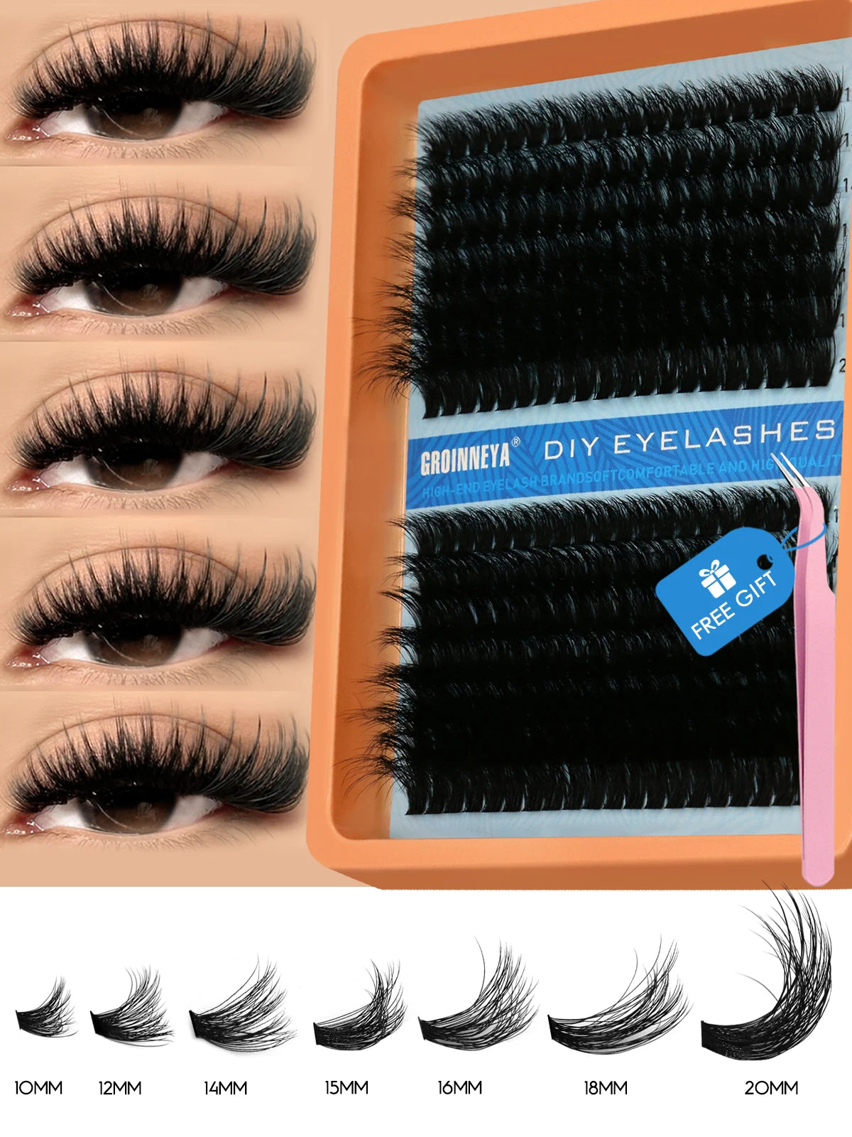 GROINNEYA Cluster Lash Kit – Fluffy Faux Mink, Mixed Lengths