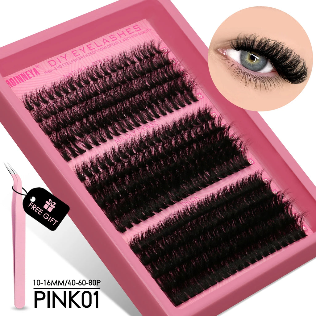 GROINNEYA Cluster Lash Kit – Fluffy Faux Mink, Mixed Lengths