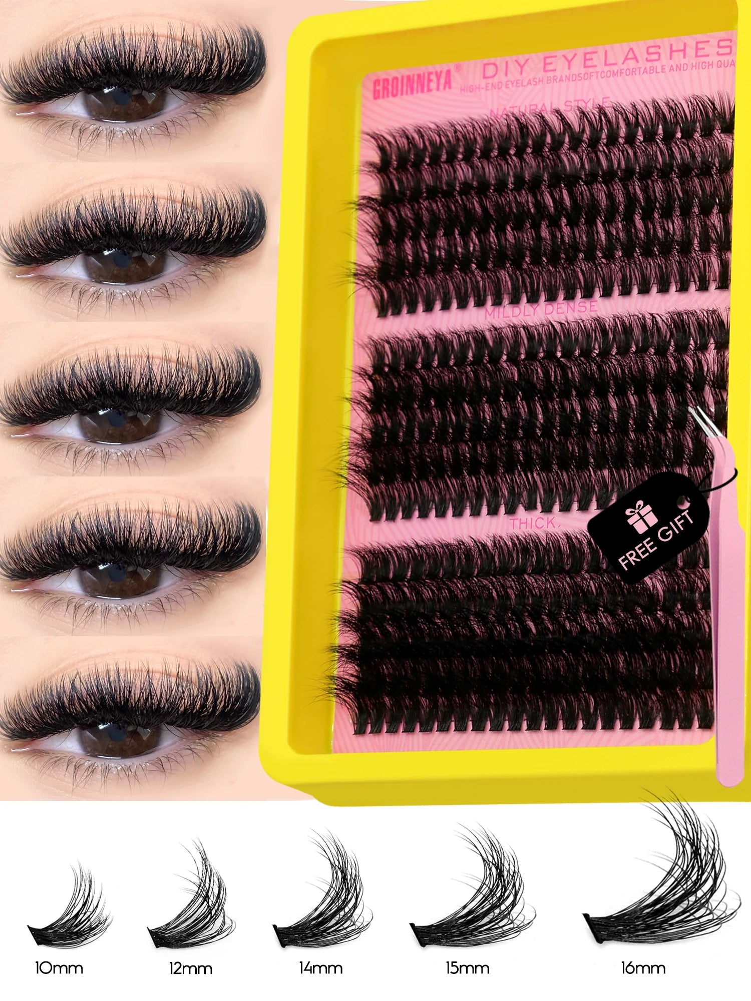 GROINNEYA Cluster Lash Kit – Fluffy Faux Mink, Mixed Lengths